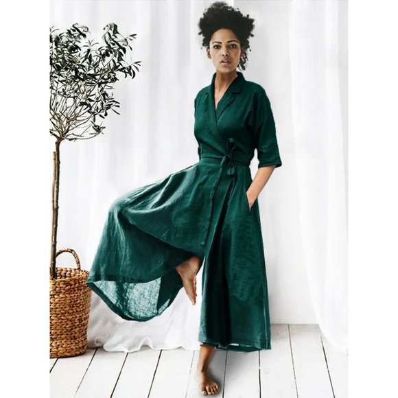Cozinen Pants - Linen Casual Wide Leg Relaxed Collar V Neck Short Sleeve Jumpsuit Zip M Green